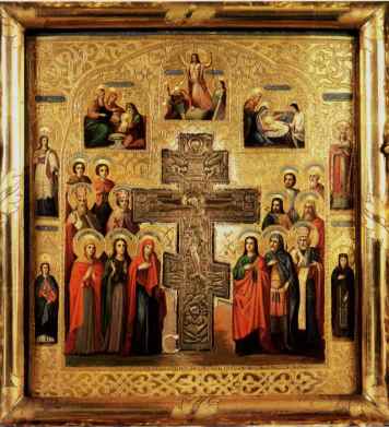 Crocifissione. Icona composita rappresentante la Cocifissione, le feste e Santi. Al centro la croce è fusa in bronzo. Particolarmente ricca la decorazione in oro zecchino.