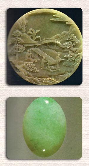  In alto: la tessitura della seta rappresentata su un disco scolpito di giada giadeite ( arte cinese del XVII secolo) In basso: cabochon di giada giadeite