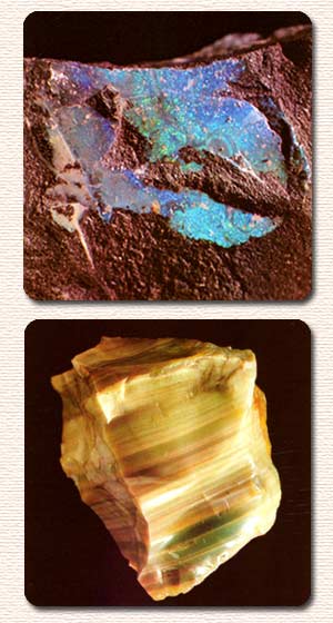 In alto: opale grezzo Australiano. In basso: Opale nobile grezzo