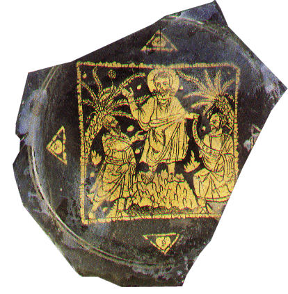 medaglione romano in vetro dorato e graffito 40 d.C.